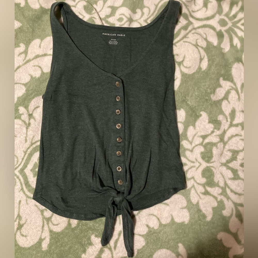 American Eagle Green Button Up Tie Detail Tank Top